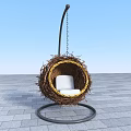 Outdoor Hanging Garden Ornament With Bird Nest Shaped Woven Design White Cushion And Metal Stand