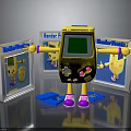 Yellow Handheld Game Console With Green Screen Blue Cards Pink Feet And Surrounding Boxes