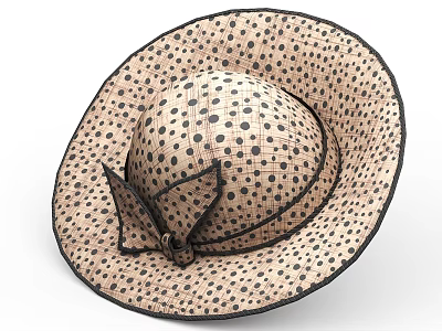 Stylish Polka Dot Straw Hat With Wide Brim And Black Bow Detail 3d model