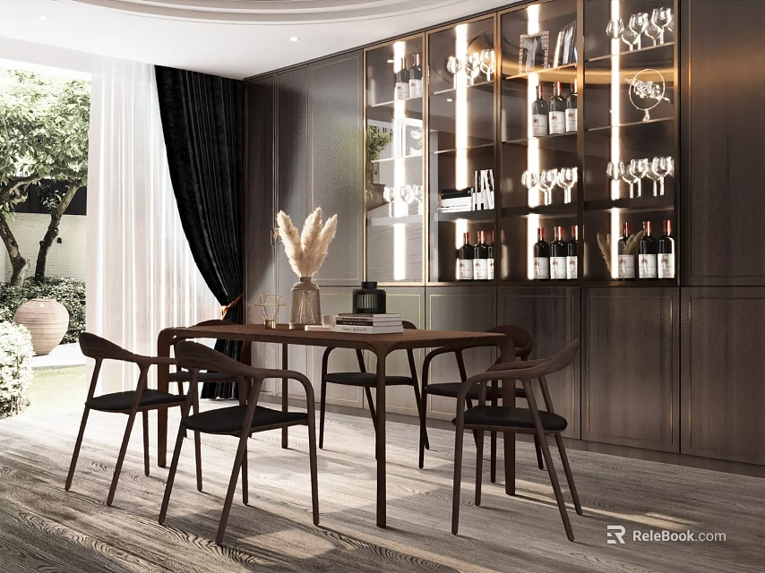 Luxury Modern Dining Room With Wooden Table Chairs And Wine Cabinet Decorations 3d model 