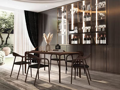 Luxury Modern Dining Room With Wooden Table Chairs And Wine Cabinet Decorations 3d model