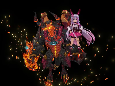 Game Movie Characters Rabbit Ear Girl In Pink Outfit With Giant Flaming Monster And Sparkles 3d model