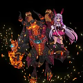 Game Movie Characters Rabbit Ear Girl In Pink Outfit With Giant Flaming Monster And Sparkles