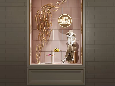 Elegant Modern Window Display With Mannequin Golden Wavy Decor Small Table Fruits And New Arrival 3d model