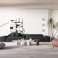 Modern Living Room Interior With Black Sofa Round Coffee Table And Brown Bean Bag Chair