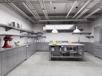 Industrial Kitchen Interior With Gray Cabinets Red Mixer Central Island And White Brick Walls 3d model