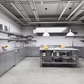 Industrial Kitchen Interior With Gray Cabinets Red Mixer Central Island And White Brick Walls