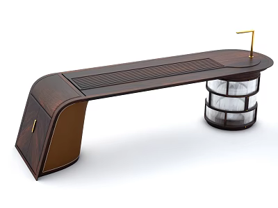 Elegant Modern Tea Table With Curved Wooden Surface And Glass Storage Shelf Design 3d model