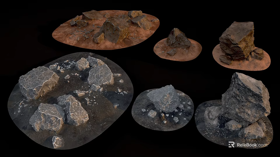 Natural Stone and Wood Samples with Different Shapes and Various Colors on Black Background 3d model 