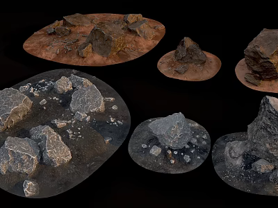 Natural Stone and Wood Samples with Different Shapes and Various Colors on Black Background 3d model
