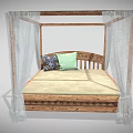Wooden Four Poster Double Bed With Carved Frame White Canopy And Colorful Pillows