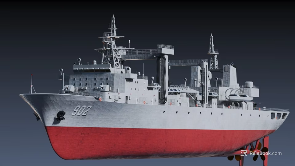 Military Warship Featuring Number 902 White Red Hull Radar Antenna and Deck Equipment 3d model 