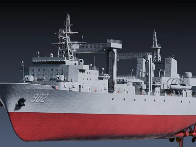 Military Warship Featuring Number 902 White Red Hull Radar Antenna and Deck Equipment 3d model