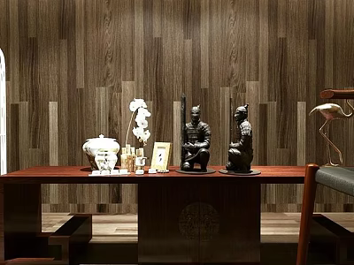 Wooden Console Table with Decorative Items Vases Statues and Photo Frame Against Wooden Wall Panel 3d model
