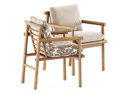 Stylish Wooden Outdoor Chairs With Armrest And Comfortable Patterned Beige Cushions 3d model