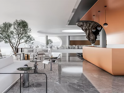 Modern Sales Office Interior Design With Reception Desk Green Plants And Pendant Lights 3d model