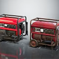 Two Red Portable Industrial Generators With Wheels Control Panels And Metal Frames