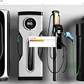 Modern Public EV Charging Stations With Various Designs Digital Displays And Cables 3d model
