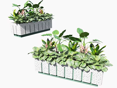 Flower and Plant Arrangement in White Perforated Planters with Green Leaves and Pink Blossoms 3d model