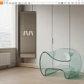Elegant Transparent Glass Leisure Chair In Modern Room With White Wardrobe And Mirror