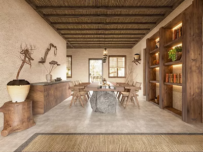 Rustic Restaurant Interior With Thatched Roof Adobe Walls Stone Table And Wooden Chairs 3d model