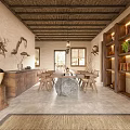 Rustic Restaurant Interior With Thatched Roof Adobe Walls Stone Table And Wooden Chairs