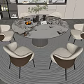 Modern Round Marble Dining Table Set With Six Beige Chairs And Decorative Plants 3d model