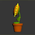 Yellow Sunflower with Smiling Face in Orange Pot and Green Leaves on Gray Background