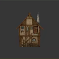 Cartoon Scene Of Small House With Green Tiled Roof Wooden Structure And Stairs