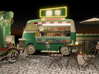 Green Mobile Utility Vehicle With Neon Sign Supermarket Outdoor Tables Chairs And Balloons 3d model
