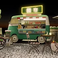 Green Mobile Utility Vehicle With Neon Sign Supermarket Outdoor Tables Chairs And Balloons