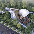 Park Landscape with Large White Dome Structure Curved Walkways and Surrounding Trees