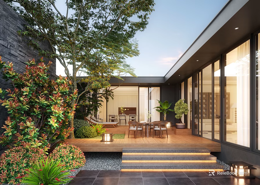Modern Courtyard Garden with Lush Green Plants Outdoor Seating and Illuminated Steps 3d model 