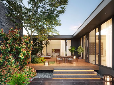 Modern Courtyard Garden with Lush Green Plants Outdoor Seating and Illuminated Steps 3d model