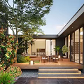 Modern Courtyard Garden with Lush Green Plants Outdoor Seating and Illuminated Steps