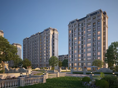 Elegant High Rise Residential Building With Modern Exterior And Surrounding Greenery Lawns Trees 3d model