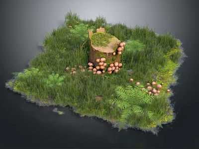 Wood Stone Natural Landscape With Tree Stump Green Grass Ferns And Fresh Mushrooms 3d model