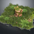 Wood Stone Natural Landscape With Tree Stump Green Grass Ferns And Fresh Mushrooms