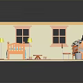 Cartoon Bedroom Scene With Blue Bed Desk Lamp Red Wall Pictures Wooden Floor Purple Rug