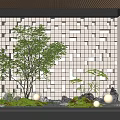 Modern Indoor Landscape With Grey Square-Patterned Wall Green Tree Stones Moss And Round Lights