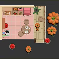 Modern Toy Kitchen Scene With Pink Furniture Pumpkins And Wooden Barrels