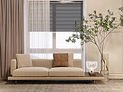 Beige Chaise Lounge With Throw Pillows In Modern Living Room Green Plant And Table Lamp 3d model