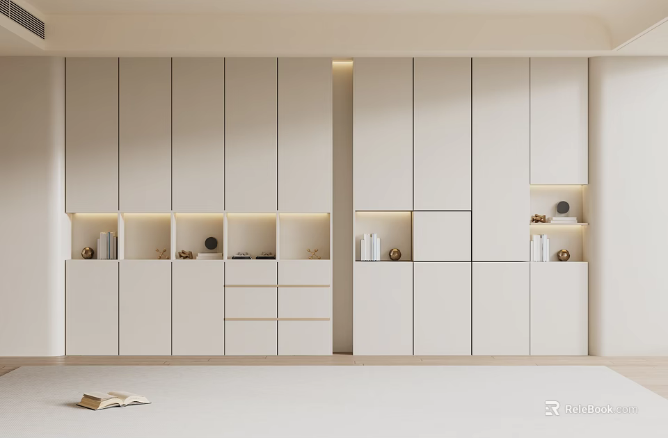 Modern White Wardrobe Design With LED Lighting Drawers And Open Shelves 3d model 