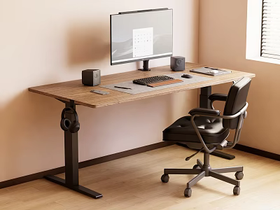 Adjustable Wooden Desk with Monitor Keyboard Speakers and Black Office Chair 3d model