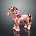 Unicorn Sculpture with Colorful Geometric Blocks Vibrant Red Pink and Multicolored Modern Abstract Design