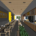 Modern Restaurant Interior With Counter Tables Yellow Chairs And Menu Boards
