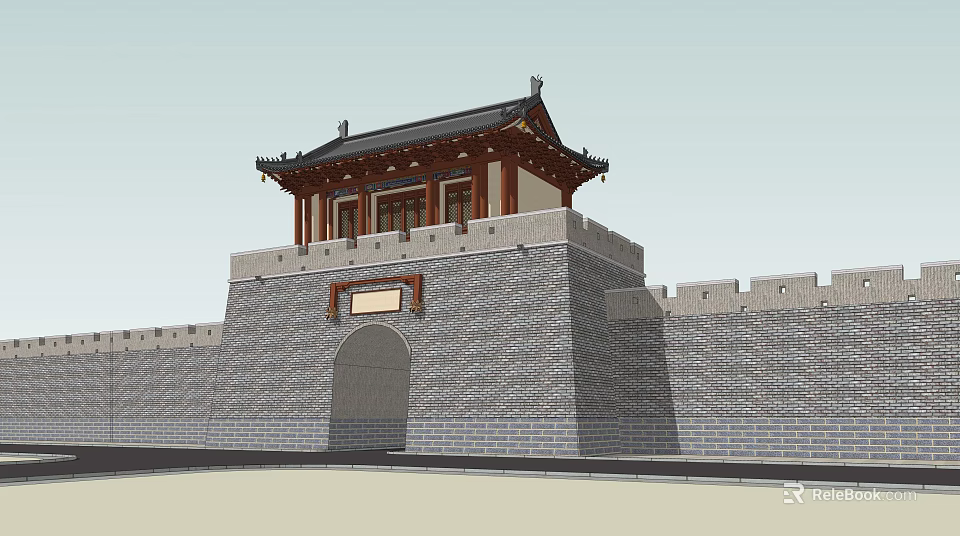 Traditional Chinese City Gate Tower With Gray Brick Walls And Arched Gateway 3d model 