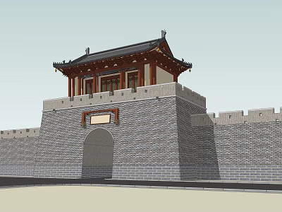 Traditional Chinese City Gate Tower With Gray Brick Walls And Arched Gateway 3d model