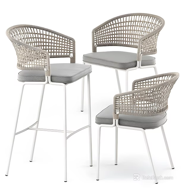 Sleek Modern Bar Stools With Wicker Armrests Gray Cushions And White Metal Frames 3d model 