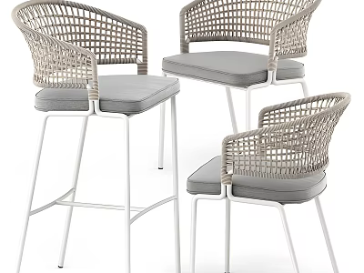 Sleek Modern Bar Stools With Wicker Armrests Gray Cushions And White Metal Frames 3d model